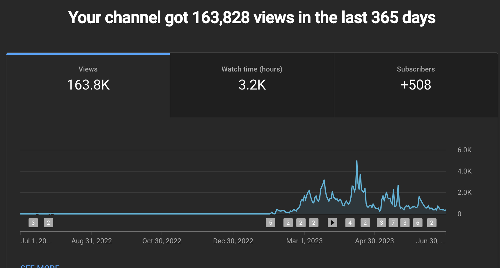 An image showing how much views I got in last 365 days(163,828)